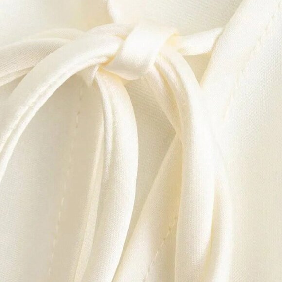 White Casual Women's Solid Color Style Silk-Like Satin Shirt With Rope Detailing - Picture 6 of 7